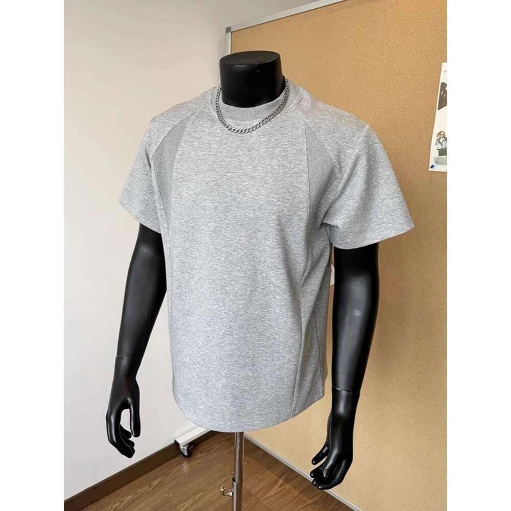 Gray Patchwork T-Shirt for Men, Stylish Small Neckline, Regular Shoulder, Short Sleeve, Casual Loose Fit, Versatile Trendy Half Sleeve