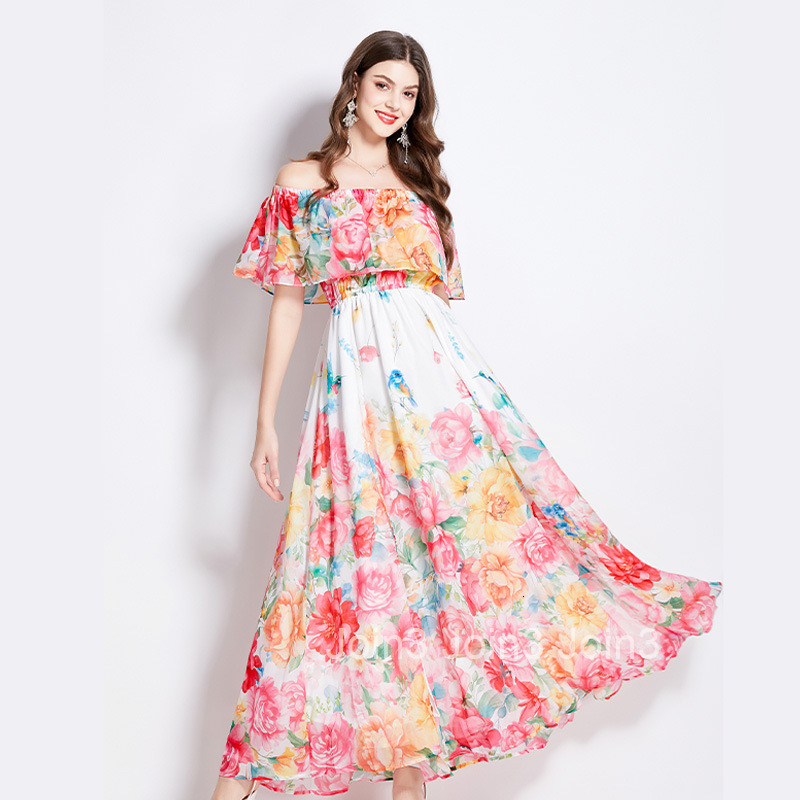 2534 Summer New Ruffled Off-Shoulder Waist-Cinching Flared Beach Dress with Slit Chiffon Long Dress