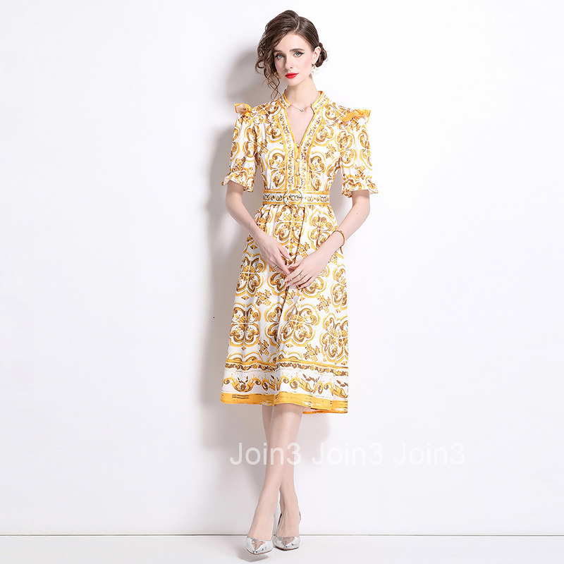 6073 Fashion Elegance Style Stand Collar Single-Breasted Printed Dress