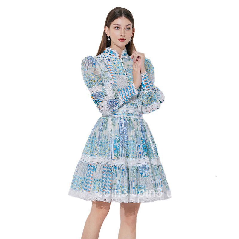 5155 French Elegant Lace Patchwork Printed Waist-Cinching Lantern Sleeve Dress