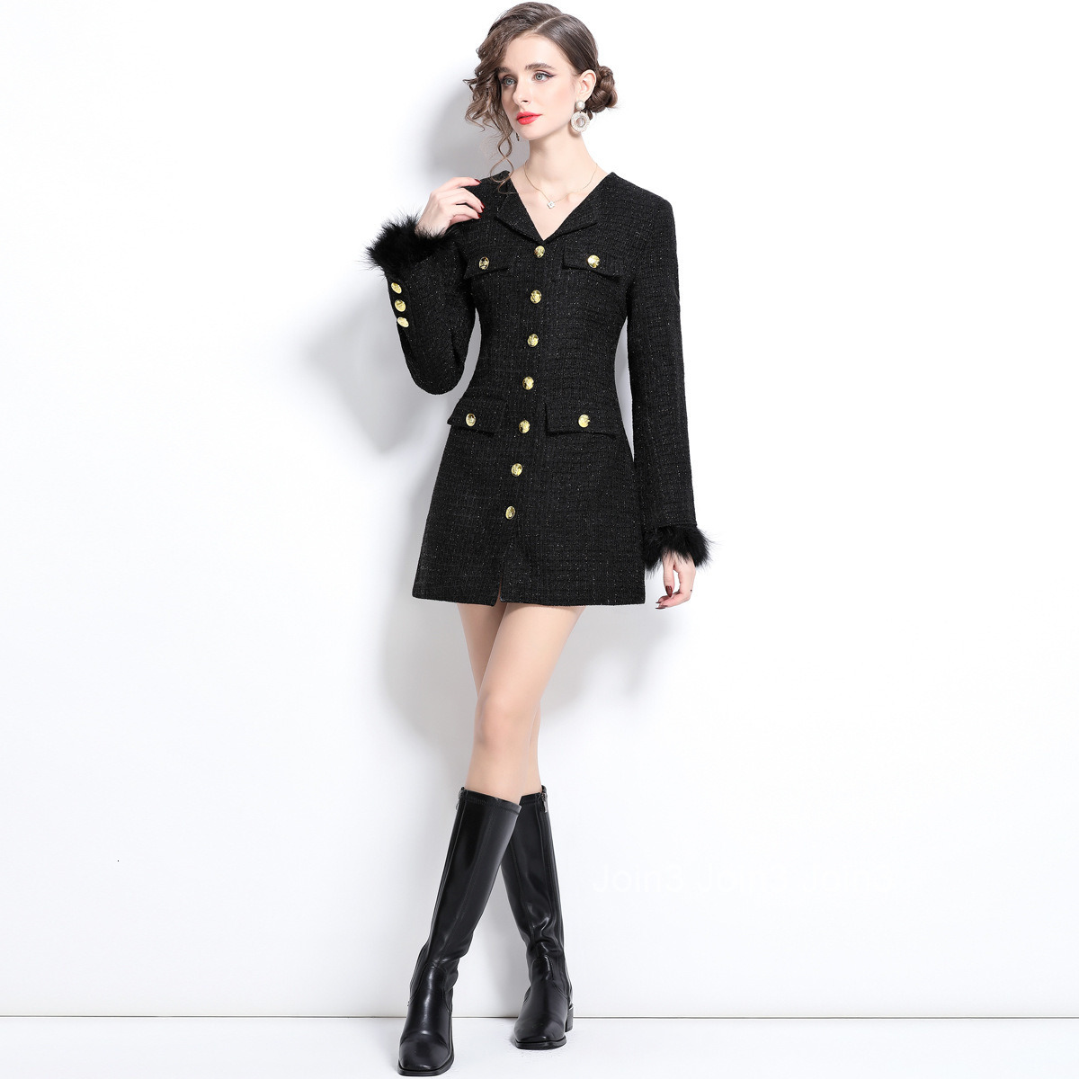 5854 Spring and Autumn new womens black suit dress with temperament plush cuffs slim fit short skirt