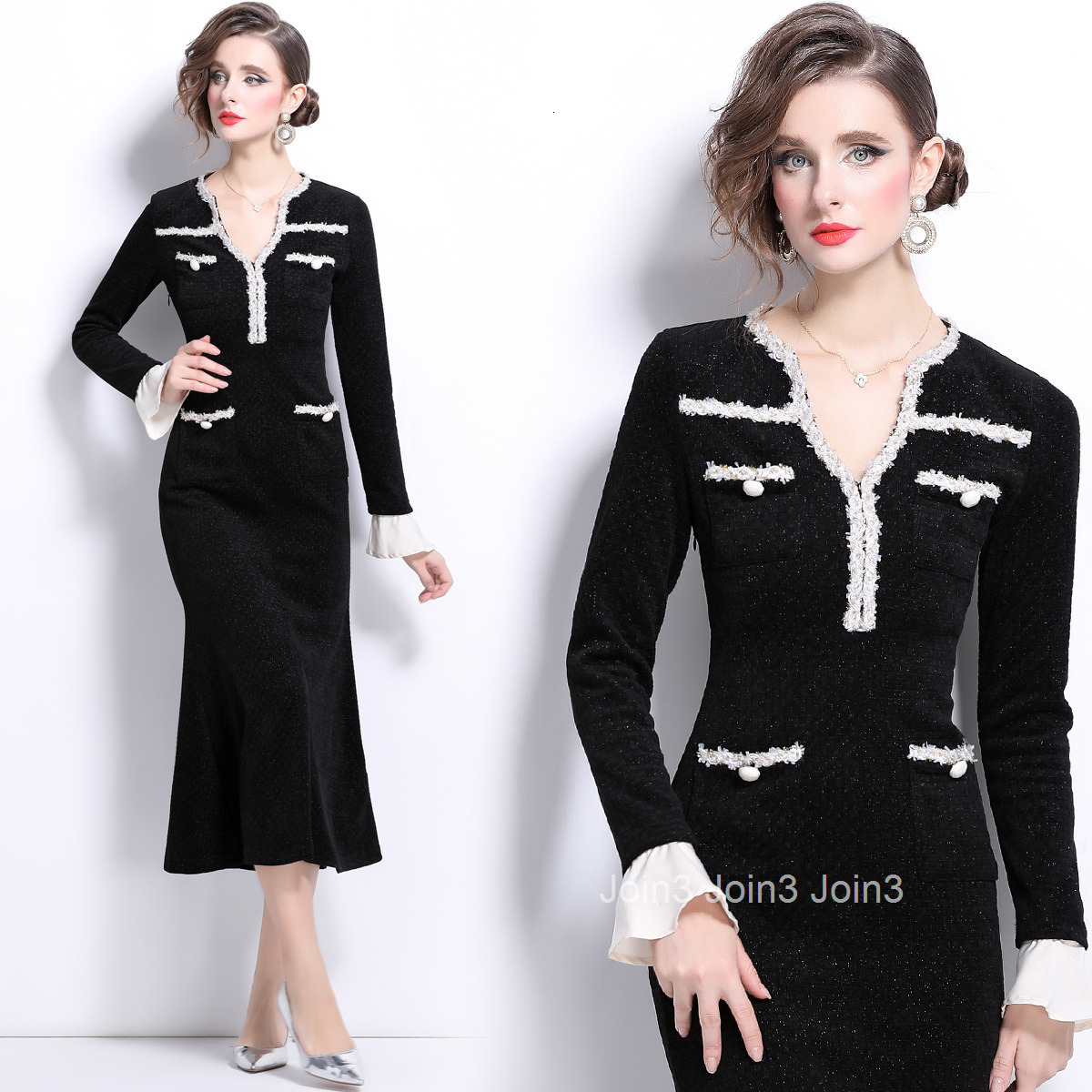 5852 autumn new womens clothing style fashionable long sleeved dress slim fit slimming fish tail long skirt