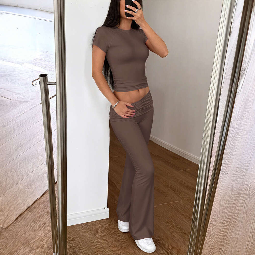 European and American Sports Hot Girl Style Solid Color Short Sleeve Wide Leg Long Pants Two-Piece Set Women's Clothing 2025 Spring Summer