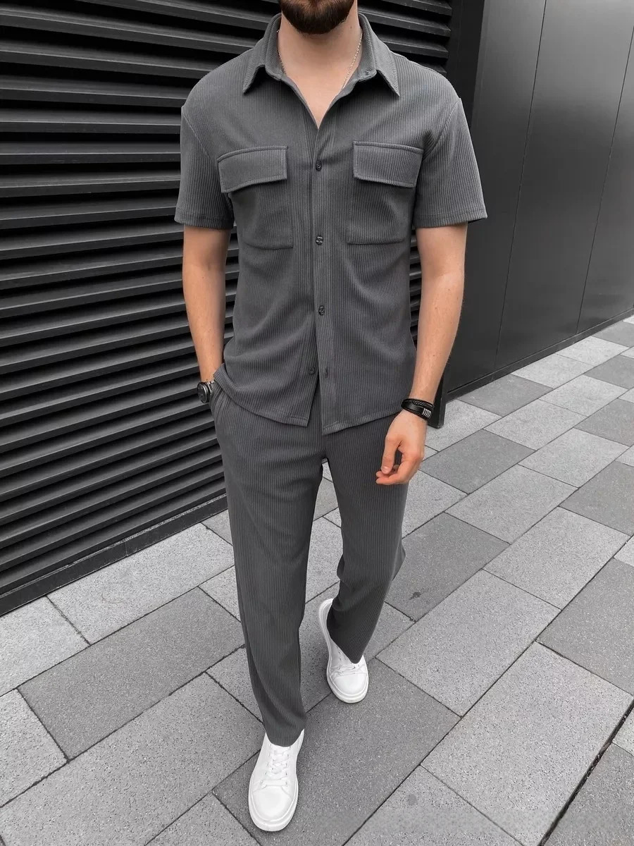 Mens Spring Summer Corduroy Short-Sleeved Shirt And Long Pants Set Casual Lapel Button Pocket Fashionable Two-Piece Outfit 250715