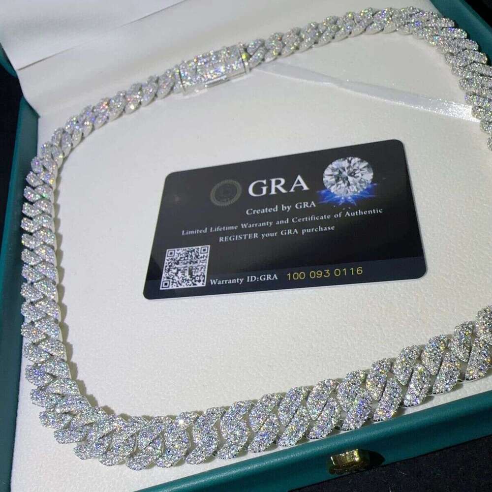 Pass Tester VVS Moissanite Laboratory Sier Necklace and Hip-Hop Iced Jewelry 12mm Cuban ChainAdvanced lock customization