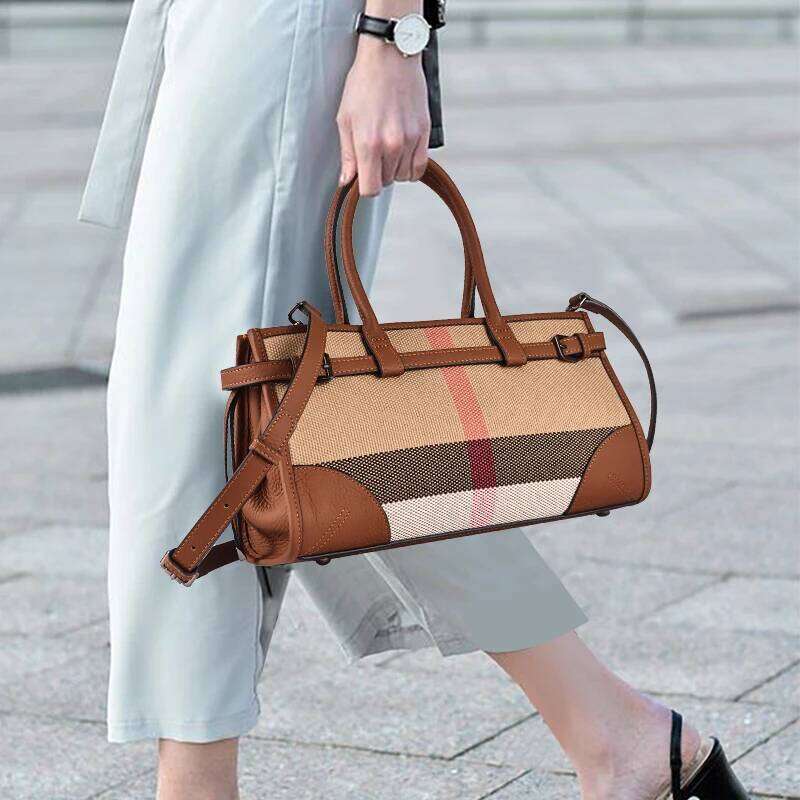 Aidrani Genuine leather women's handbag large capacity plaid canvas splicing cowhide square bag