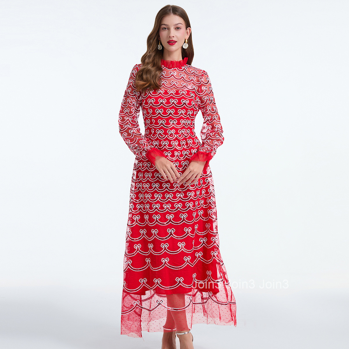 652 Autumn New Womens Clothing Style Embroidered Bead Long Sleeve High Waist Dress Long Skirt