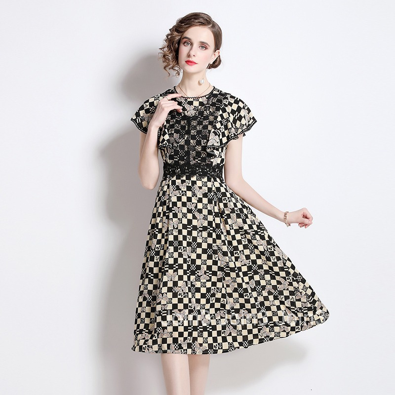 6566 Womens Summer New Plaid Print Mid-Length Dress Elegant Waist-Cinching Slimming Short Sleeve A-Line Dress