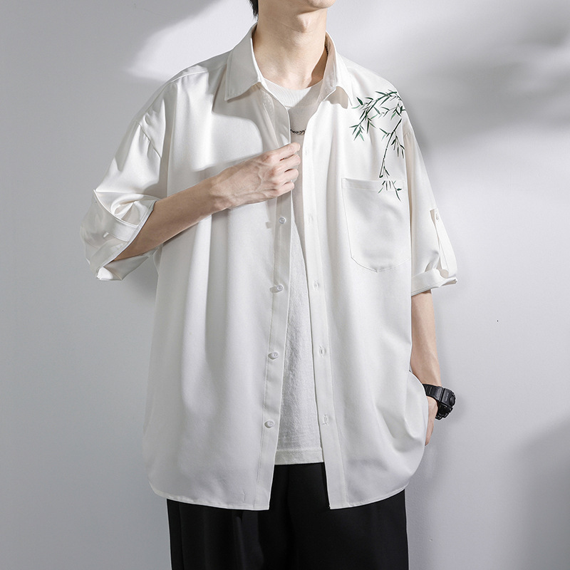Ice Silk Shirt Men Short Summer Trendy Brand Bamboo New Men's Clothing Chinese Style Top Loose Casual Three Quarter Sleeve