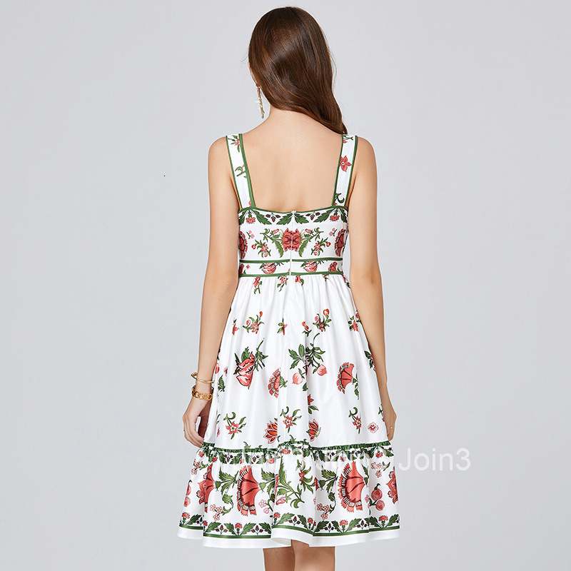217 Summer New Womens Printed Slim Strap Dress High Waist Vest Mid-Length A-Line Dress