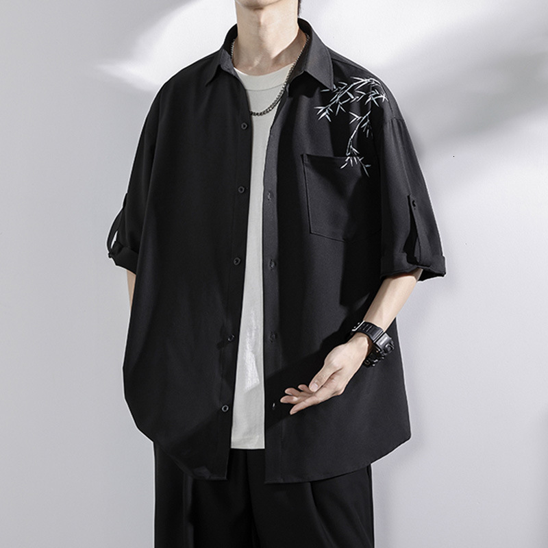 Ice Silk Shirt Men Short Summer Trendy Brand Bamboo New Men's Clothing Chinese Style Top Loose Casual Three Quarter Sleeve
