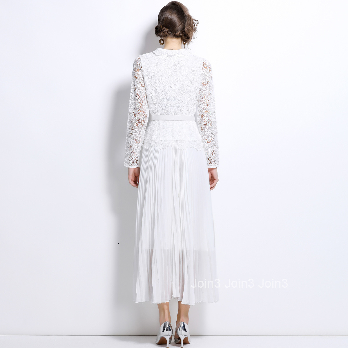 1676 autumn new womens clothing style hollow lace patchwork long sleeved pleated long skirt dress