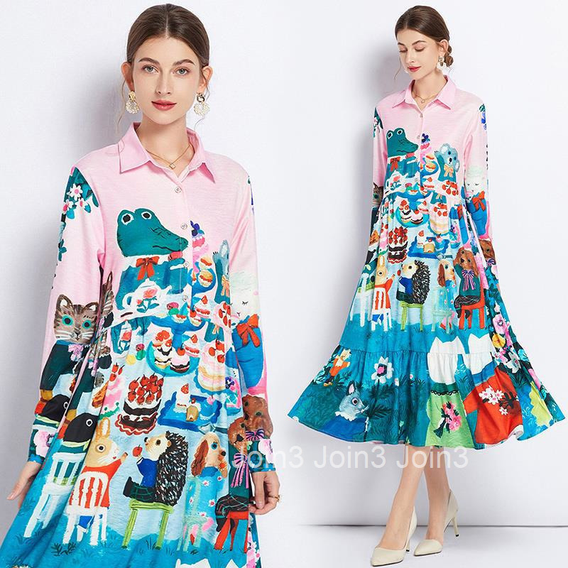 8463 Summer Autumn New Womens Fashion Printed Turn-Down Collar Long Sleeve Flared Long Dress