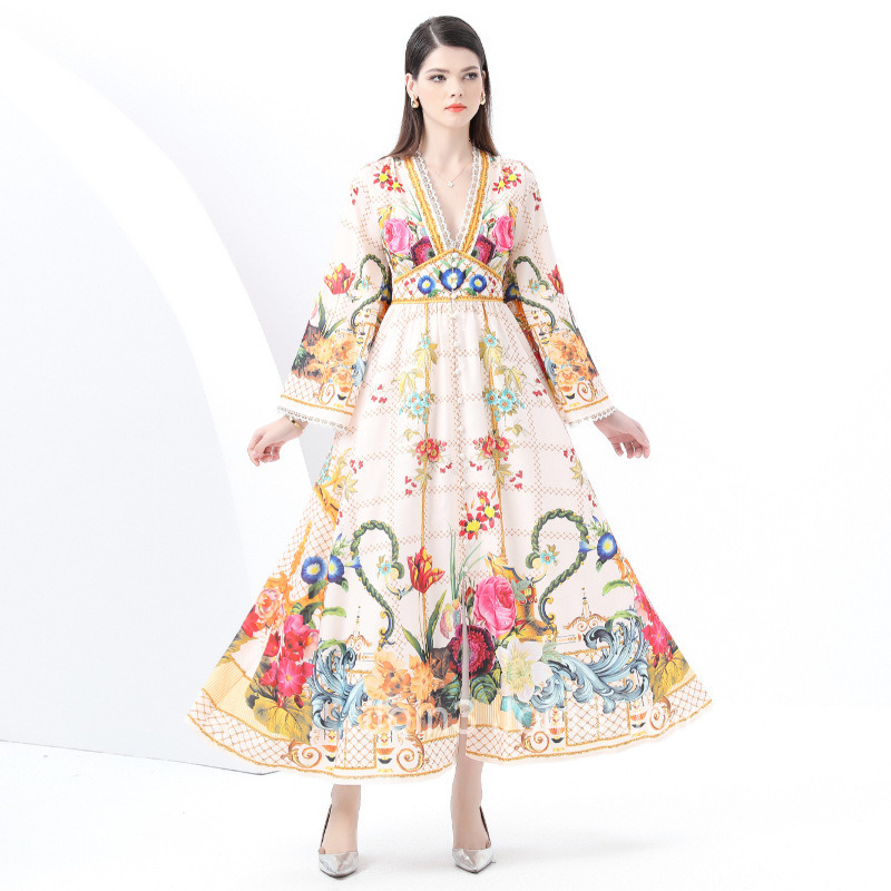 6085 Early Spring New Womens Deep V-Neck Flared Sleeve Large Hem Painted Print Long Dress