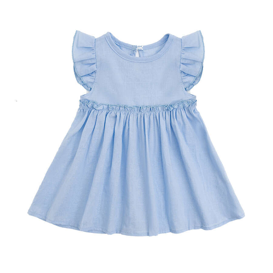 New INS Style Solid Color Cotton Linen Girls' with Flutter Sleeves and Tie Princess Dress Children's Clothing