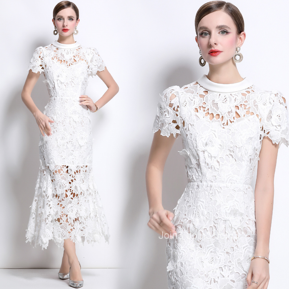 1692 Spring and Summer New Elegant High Neck Round Neck Short Sleeve Water Soluble Lace Dress