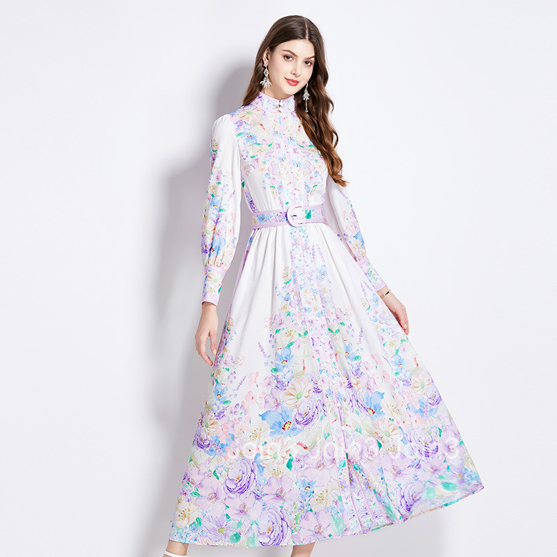 2563 Spring Summer Vacation New Womens Floral Oil Painting Style Stand Collar Long Sleeve Flared Long Dress