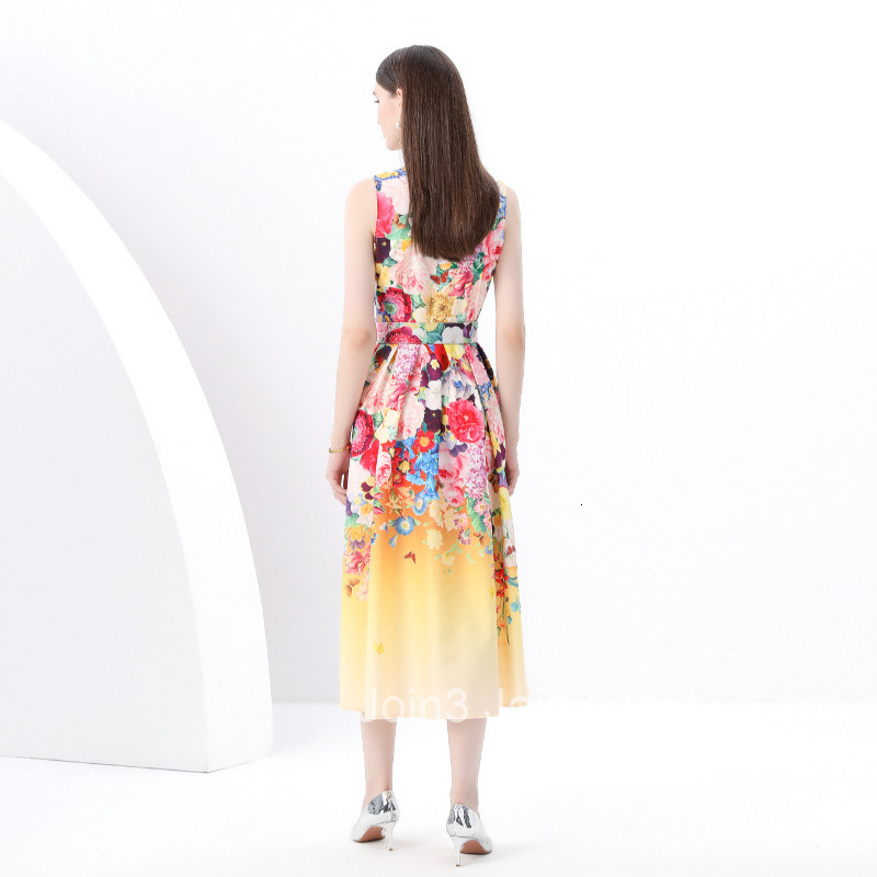 6139 Early Spring Flutter Collar Sleeveless Pleated Single Placket Long Oil Painting Print Dress