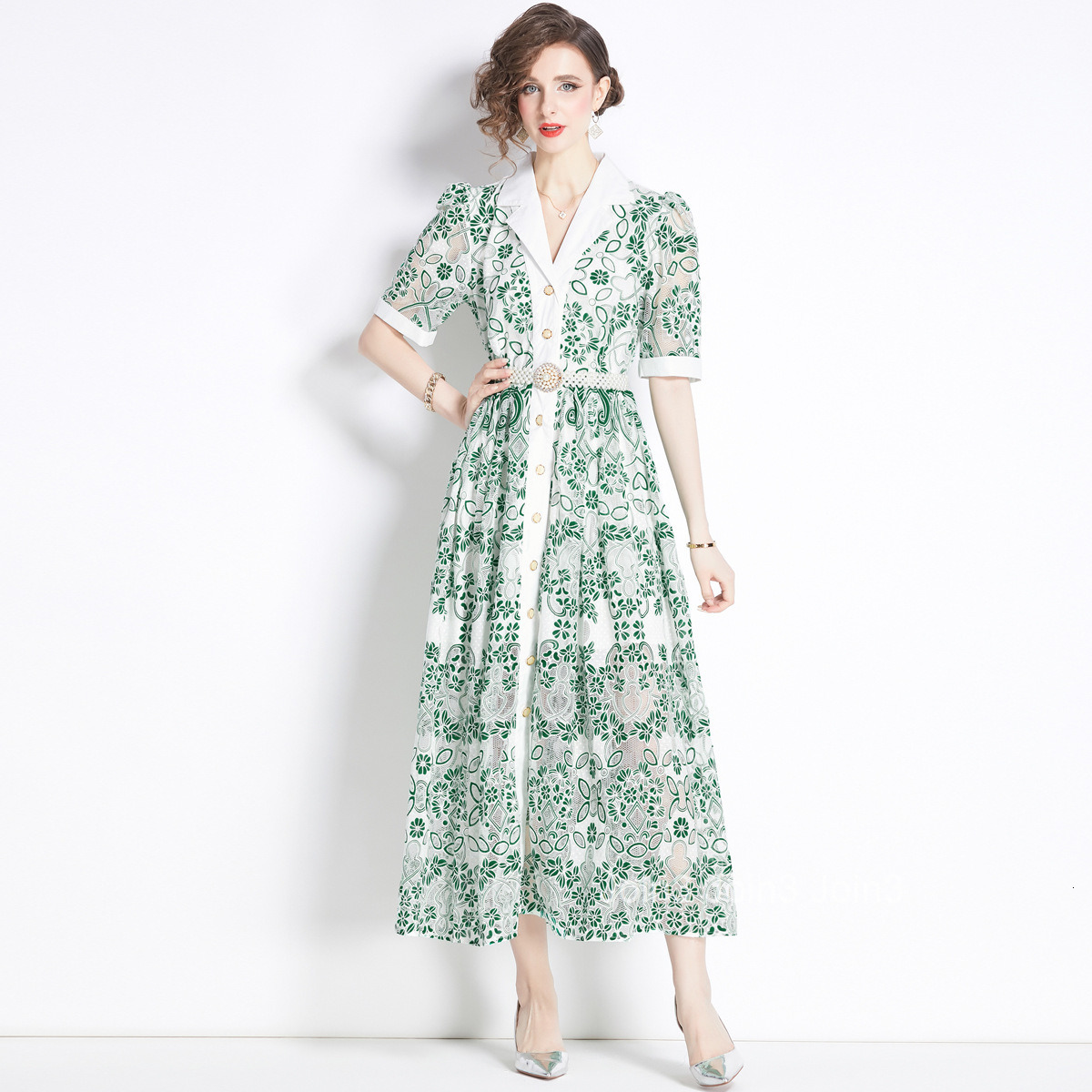 1644 Summer New Womens Casual Collar Single breasted Short sleeved Mesh Hollow Embroidered Dress