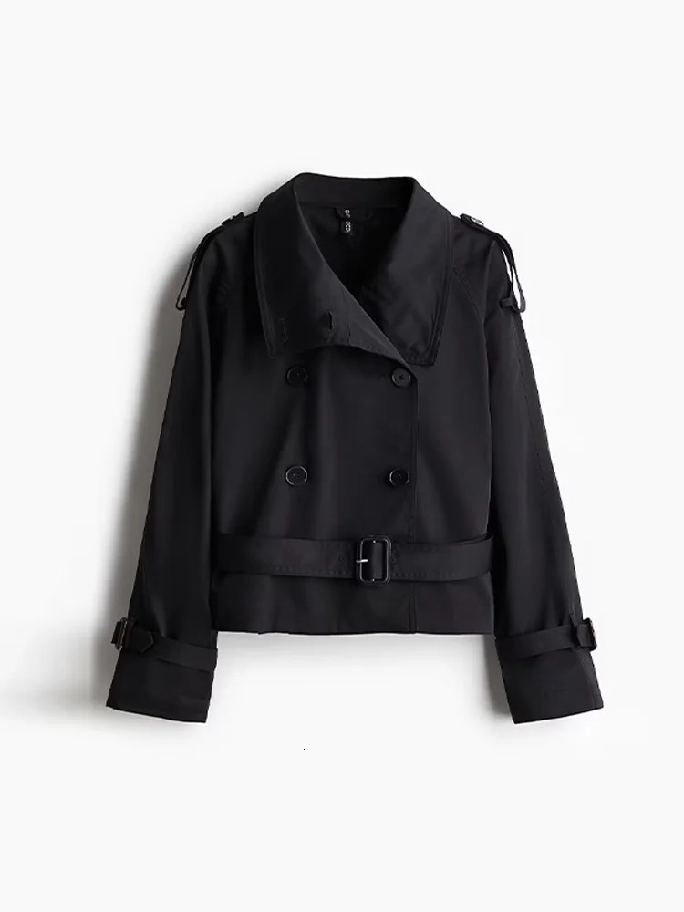 Spring Womens Short Jacket Trench Coat Belt Double Breasted Stand Collar Long Sleeve Outerwear 2025 High Street Windbreaker 250716