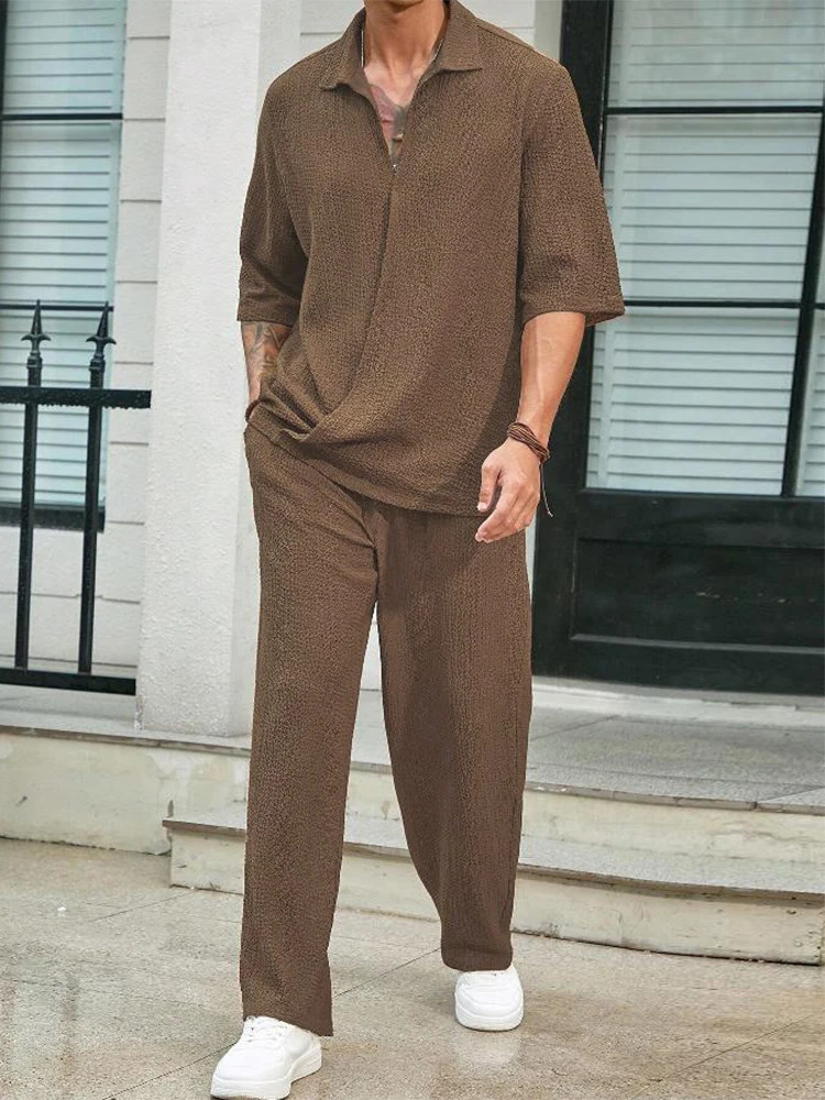 Summer Fashion Textured Outfits For Men Casual Breathable Shirt And Trousers Two Pieces Sets Mens Leisure Solid Color Suits 250715