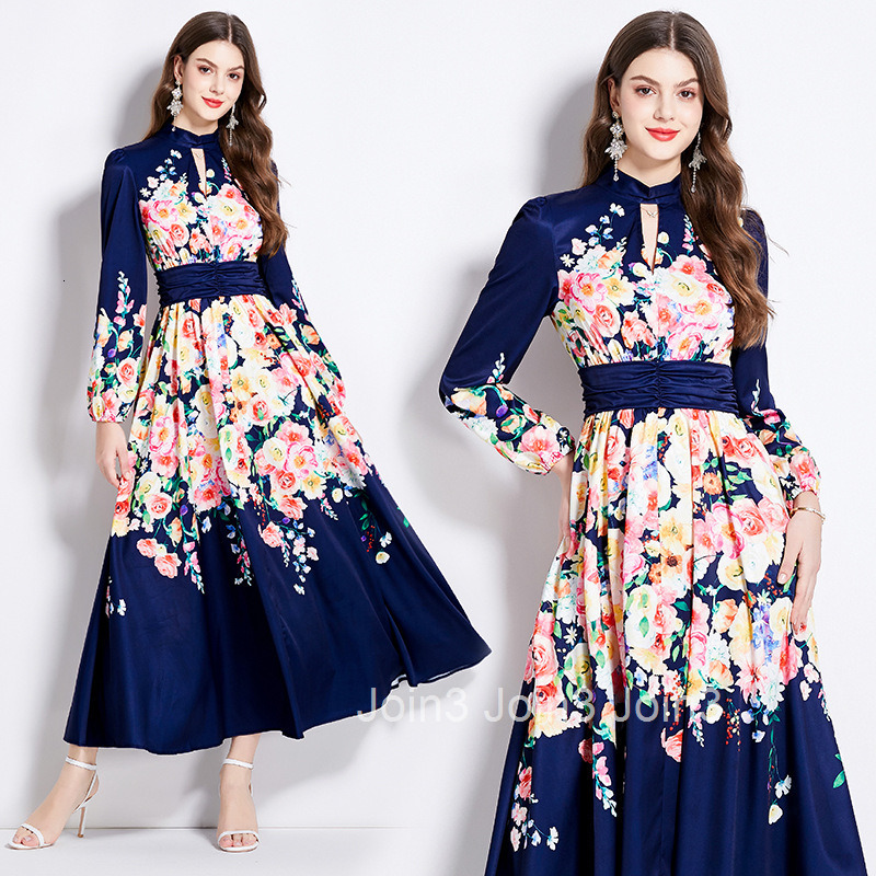2546 Spring and Autumn New Womens Elegance Style Printed Dress Long Skirt with Temperament Waist cinching and slimming Dress