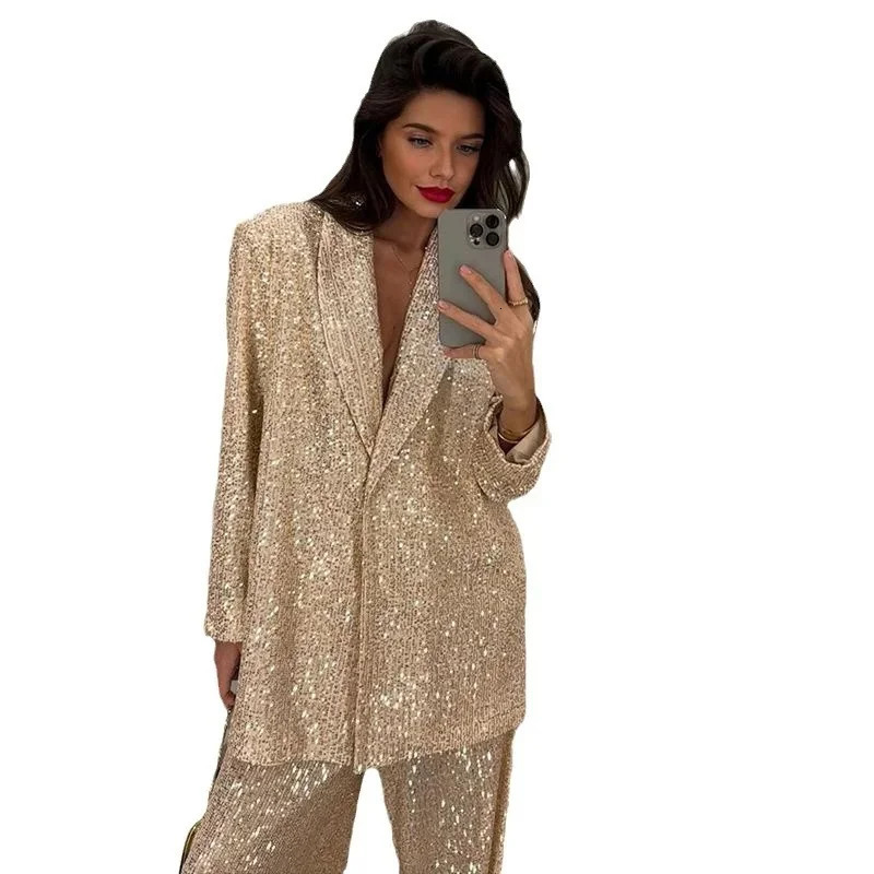 Fashion Sequines Jacket Pants Suits Women One Button Lapel Long Sleeve Coat Wide Leg Pant Suit Autumn Commuting Loose Sets 250714
