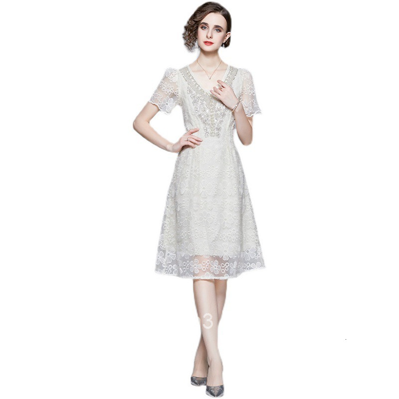 5512 Summer New Womens V-neck Puff Sleeve Beaded Flower Embroidered Mid-length Elegant Dress