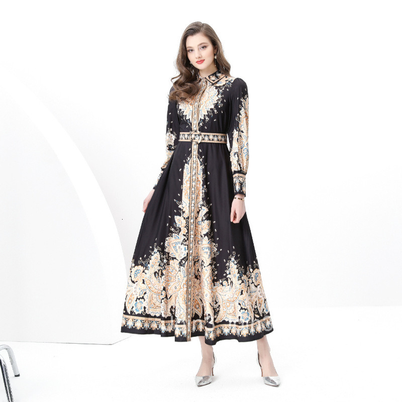 8855 Early Spring Elegance Style Turn-Down Collar Long Sleeve Waist-Cinching Wide Hem Printed Long Dress