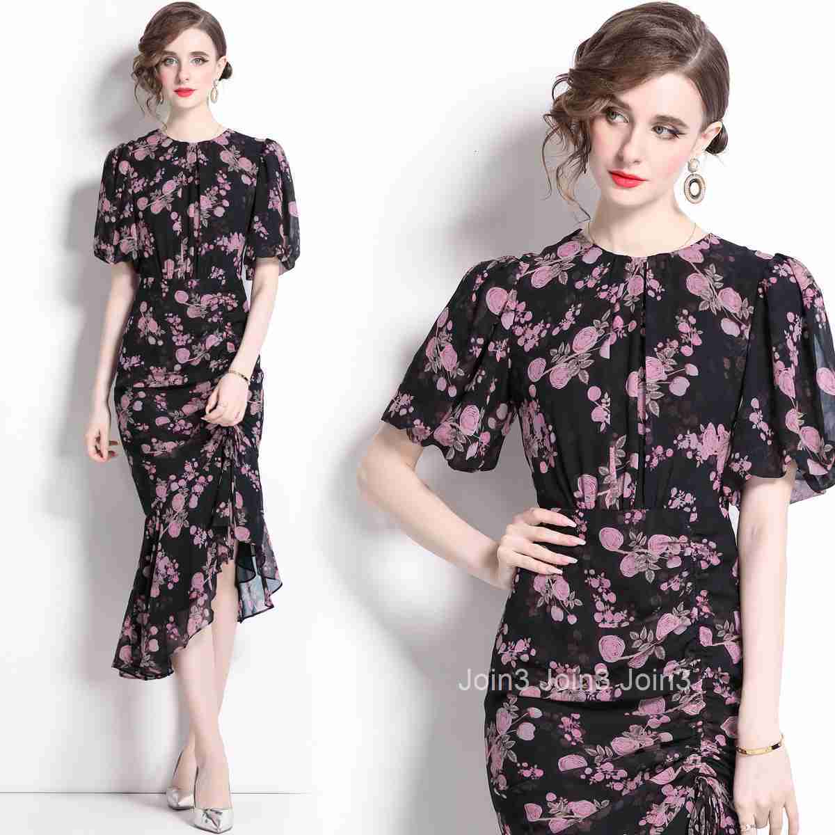 5835 Summer New Womens Fashion Elegant Mermaid Hem Floral Dress Lantern Sleeve Ruched Long Dress