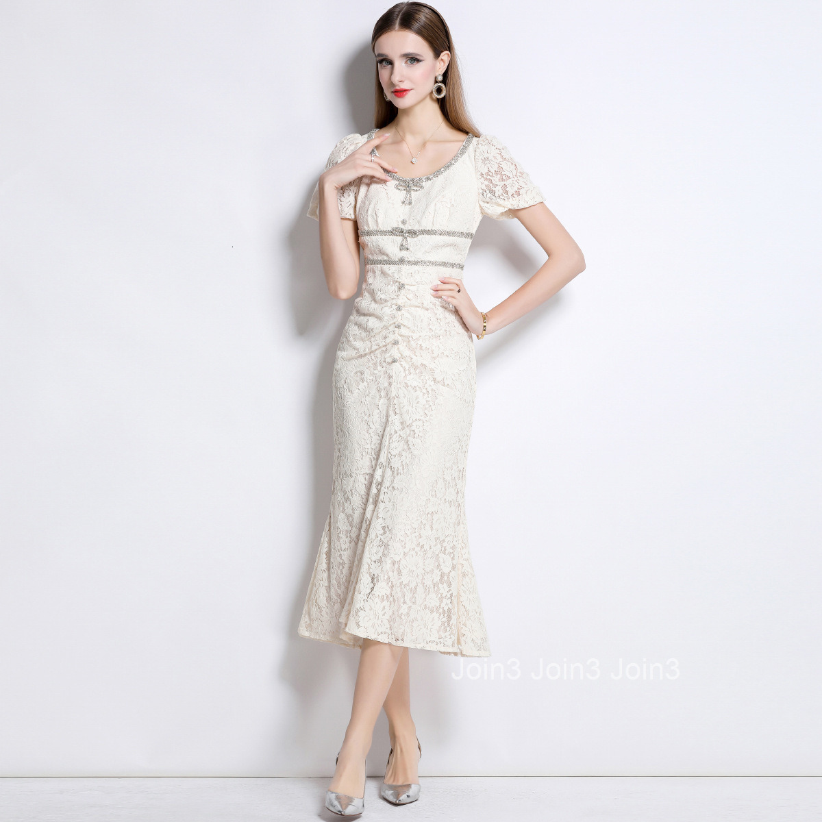 9632m White Lace Round Neck Short Sleeve Mermaid Dress Elegant Slim Dress with Bow