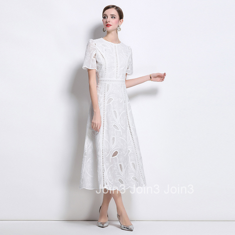 6974 Summer French Heavy Embroidered Hollow Out Round Neck Waist-Cinching Short Sleeve Dress for Women Slimming Long Dress