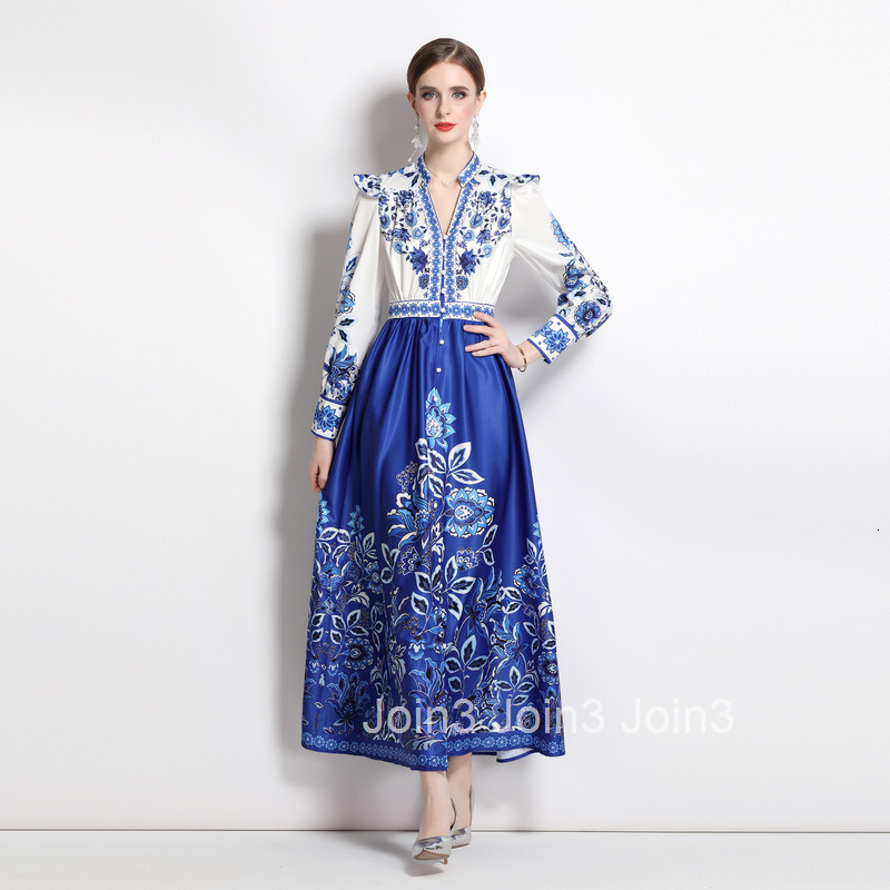 2296 Spring New Womens Printed Slimming Waist Elegant Long Sleeve Flared Long Dress