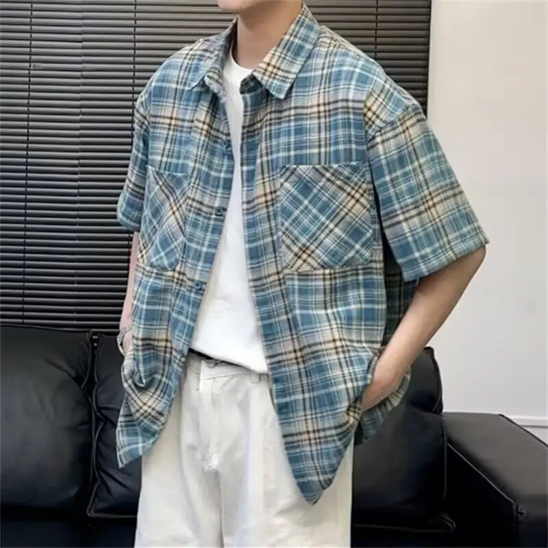 Mens plaid shirt short sleeved summer highend five quarter thin jacket beach travel fashionable loose casual 250717