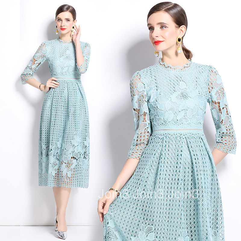 550 summer new womens clothing style mid long sleeved slimming hollow out water-soluble lace mid length dress