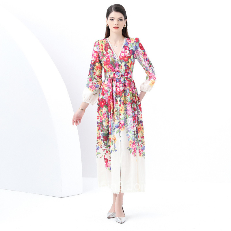 6072 Early Spring New Womens Clothing Elegance Style V-neck Lantern Sleeve Printed Long Dress