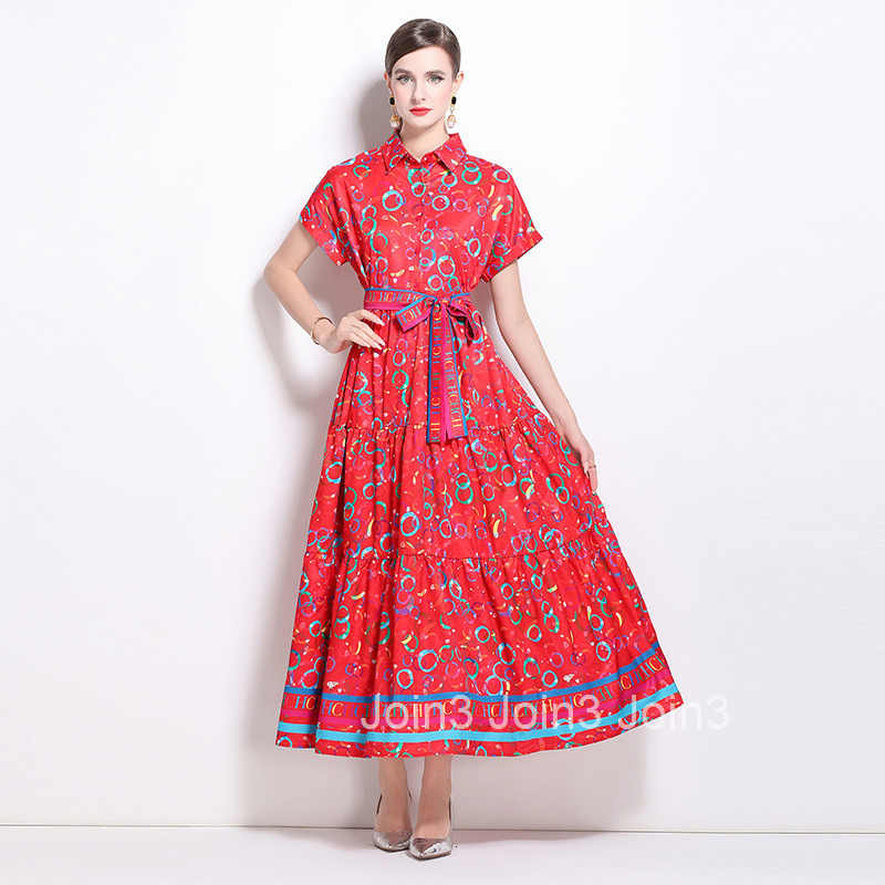 9890 summer new womens clothing fashionable temperament waist cinching and slimming printed large swing long skirt dress
