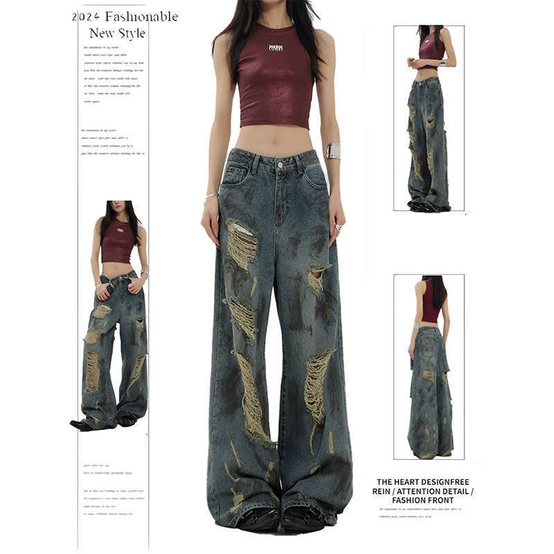 Post-Apocalyptic Ink-Splattered Ripped Jeans for Women, Spring/Summer New Design, Low Waist, Slimming, Wide-Leg, Floor-Length Pants