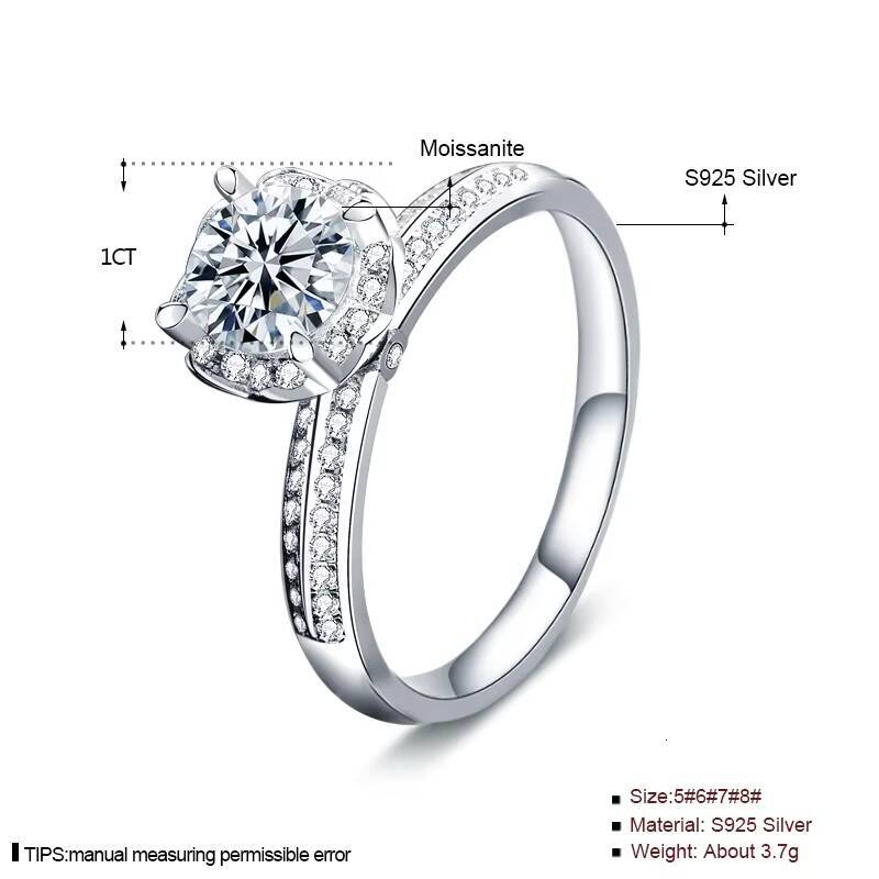 XJZ015 925 Silver Genuine Round Moissanite Engagement Ring Excellent Cut 1 Ct Passes Diamond Test for Women