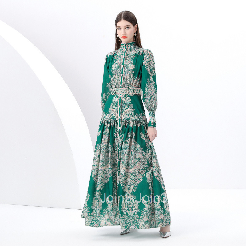 6165 Early Spring Breeze Stand Collar Lantern Sleeve Wave Edge Long Printed Dress