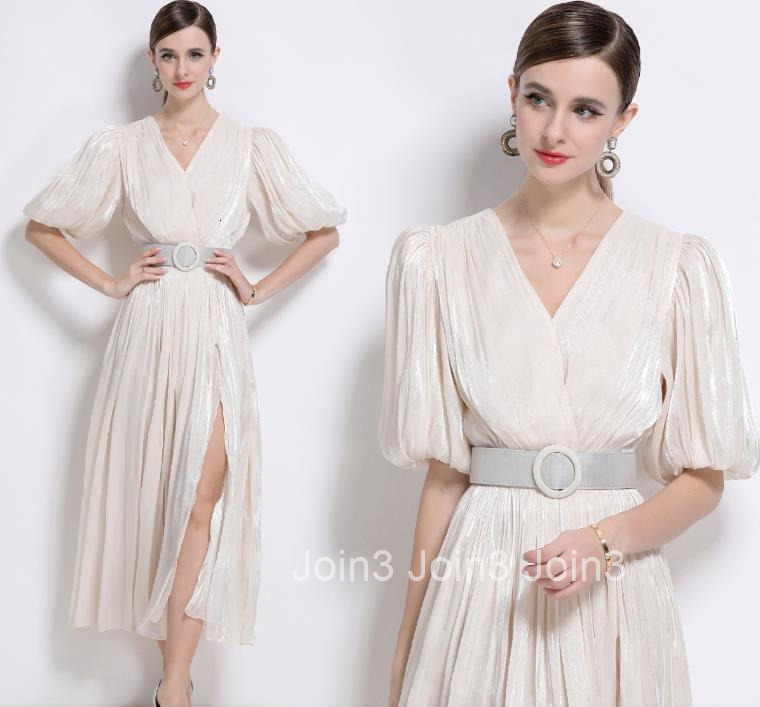 1600 Puff Sleeve Pleated Slim Fit Mid-Length Dress Korean Style Long Dress