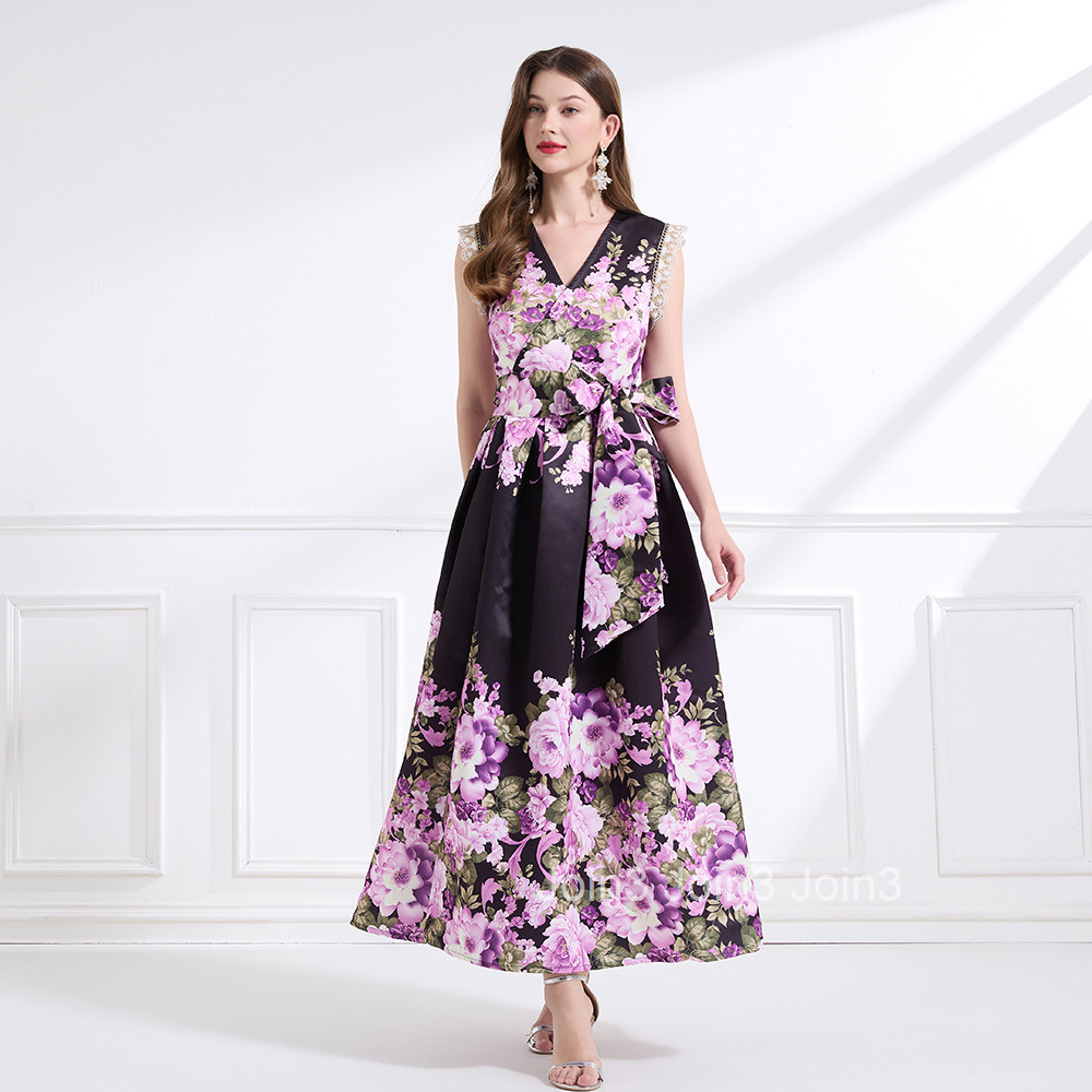 2177 Summer New Womens Vacation Style Printed Beach Waist-Cinching Ruffle Tie Long Dress