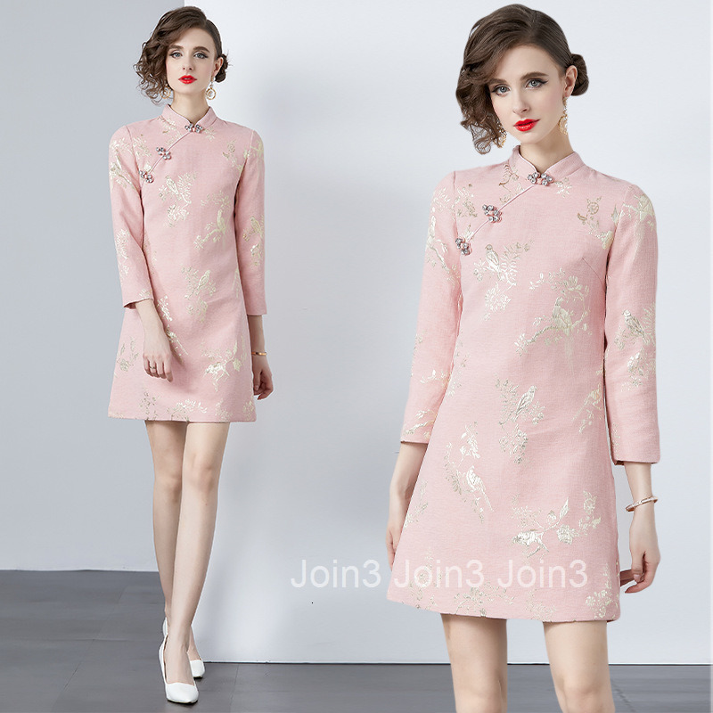 6895 Spring Summer New Womens Fashionable National Style Cheongsam Button Embroidered Short Dress