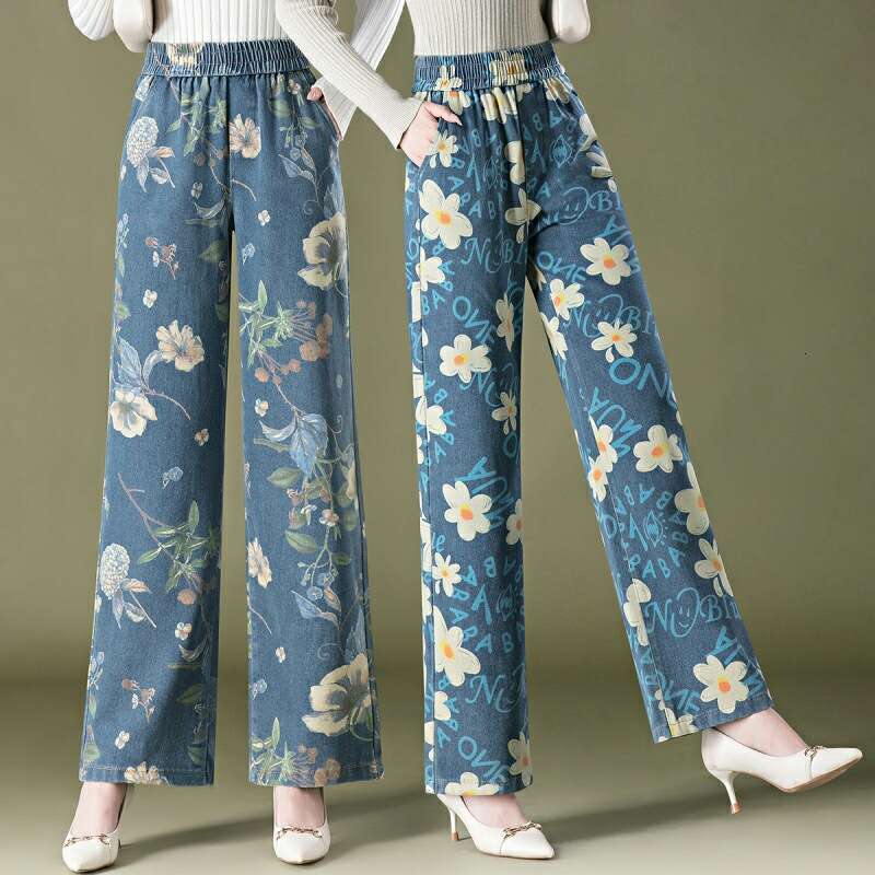 1008 Tencel Denim Printed Straight Wide-Leg for Women 2024 Autumn New Korean Style Casual Middle-Aged Women's Pants
