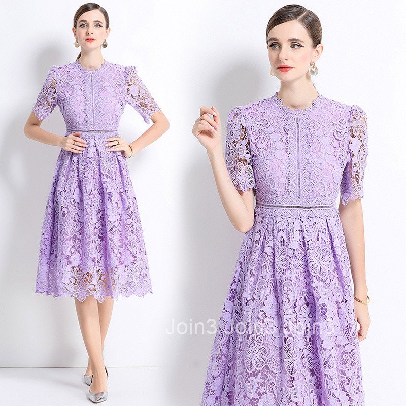 715 Short Sleeve Slimming Hollow Out Water-Soluble Lace Positioning Mid-Length Dress