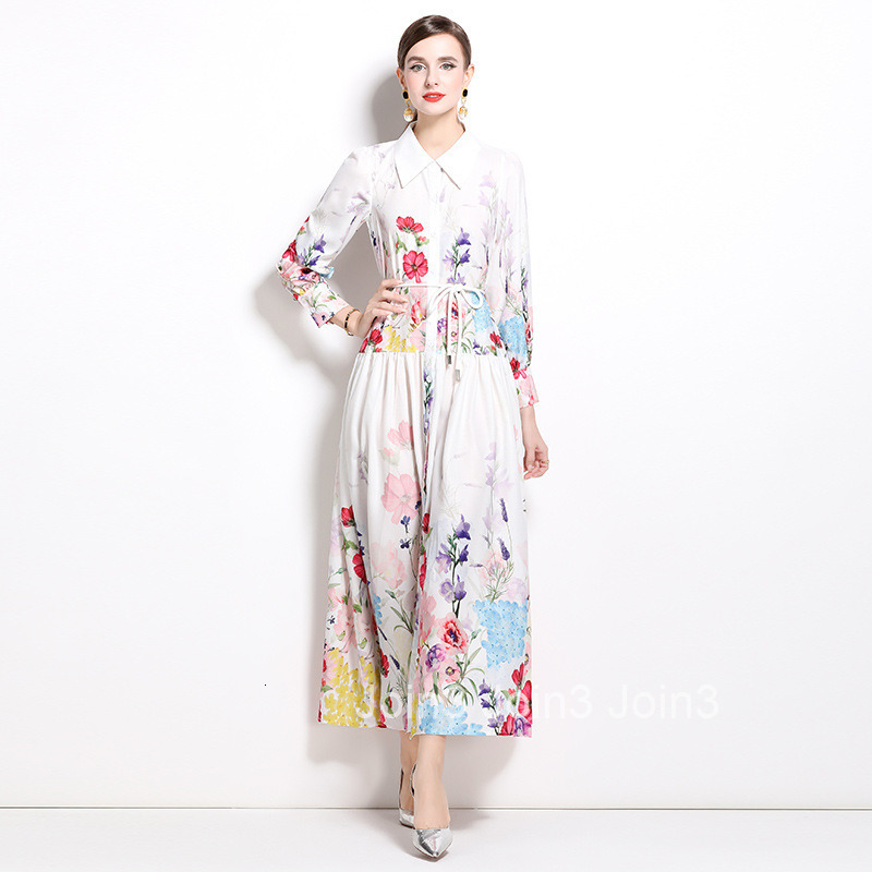 8550 Spring and Autumn new womens fashion temperament waist cinching slim fit dress long sleeved large swing long skirt
