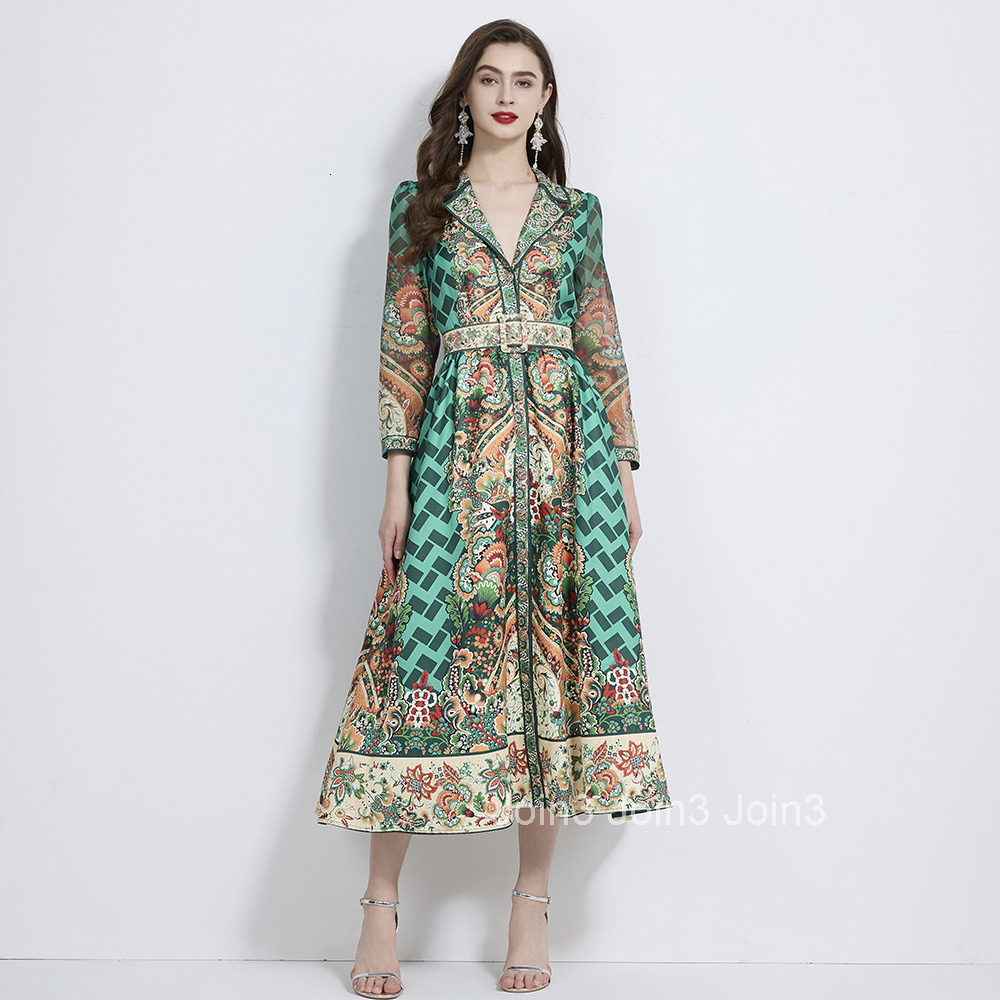 2098 Autumn New Womens Vacation Style Suit Collar Printed Long Sleeve Waist-Cinching Long Dress