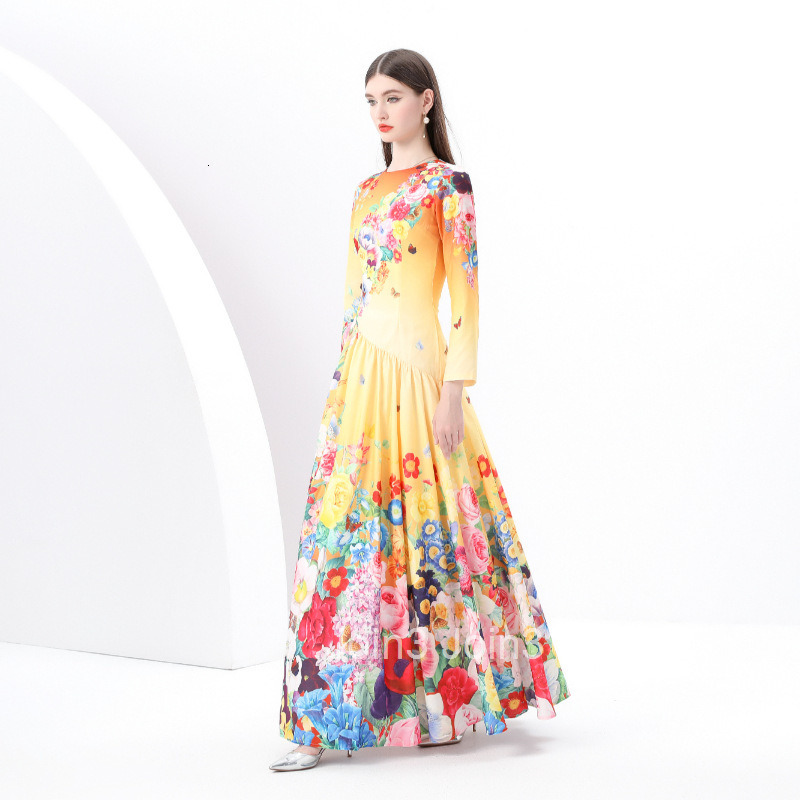 6190 early spring new womens clothing temperament round neck long sleeved painted printed large swing long skirt dress