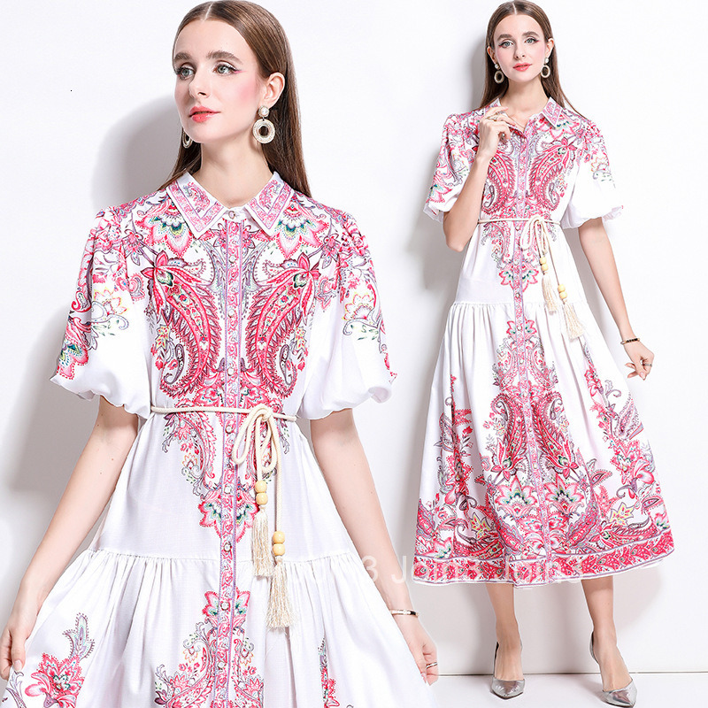 1245 Spring and Summer New Cotton and Linen Lapel Lantern Sleeve Printed Dress Long Dress