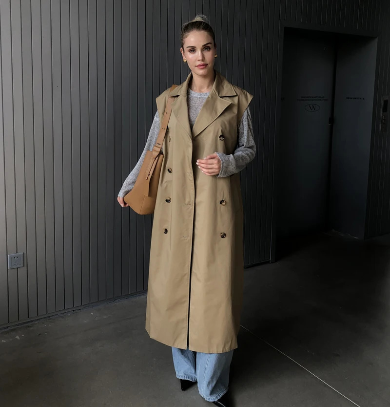 2025 Women Fashion Fall Autumn 2 piece long trench coat Female outerwear blue Khaki 250716